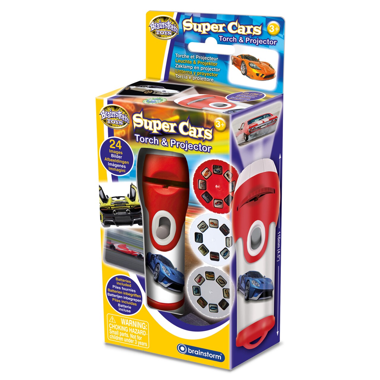 Brainstorm Toys: Super Cars Torch & Projector - Handheld Flashlight & Image Casting Toy, 24 Themed Color Images, 39" Projection, 3 Slides, Kids Age 3+